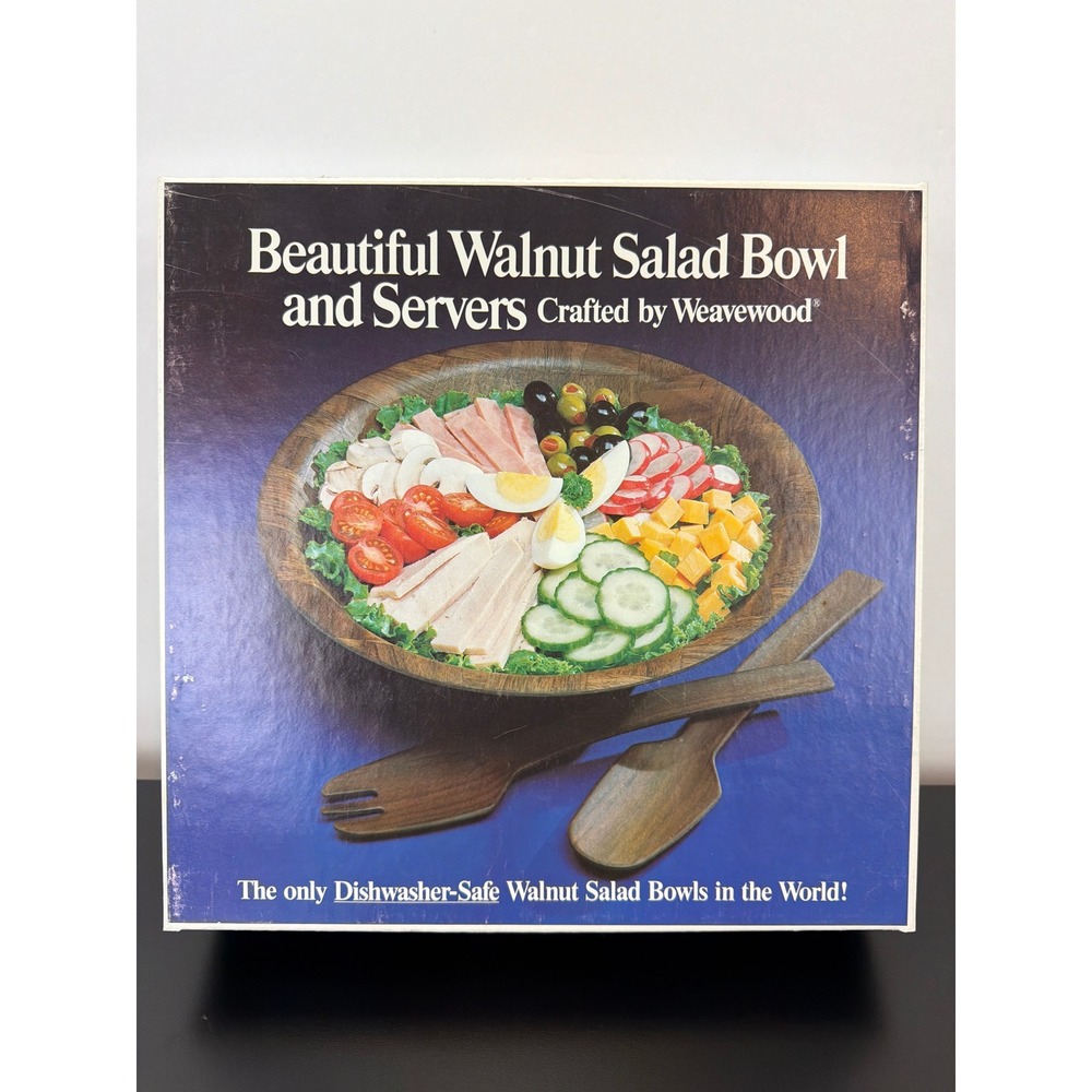 Vtg Weavewood Hand Woven Genuine Walnut Wood Salad Bowl/Servers Dishwasher Safe